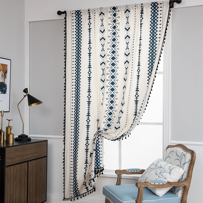 H00003 cotton and linen printed curtains, finished in american rural bohemian style